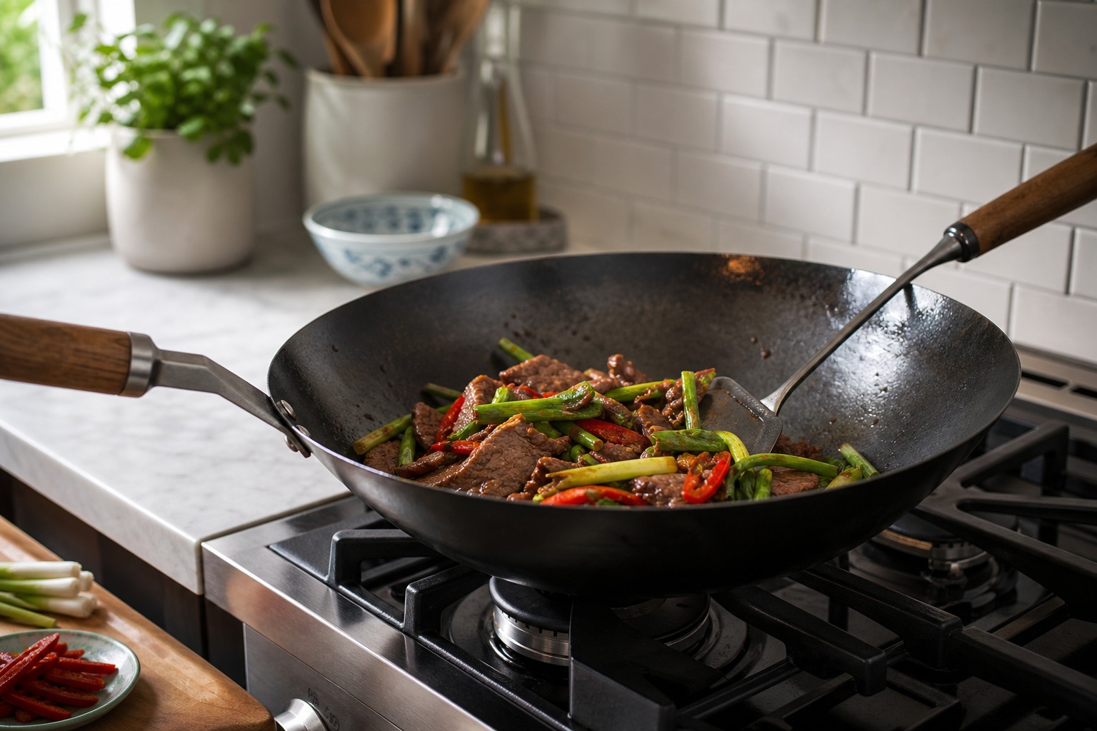 A flat-bottomed carbon steel wok sitting on a modern home stove burner with a wok spatula inside