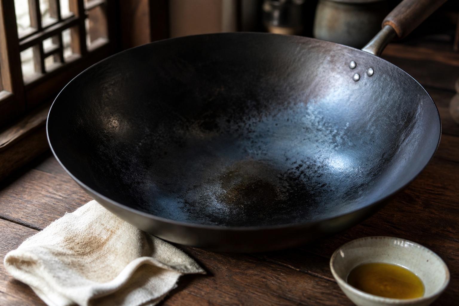 A carbon steel wok interior showing mottled blue-black seasoning patina with a cloth and dish of oil