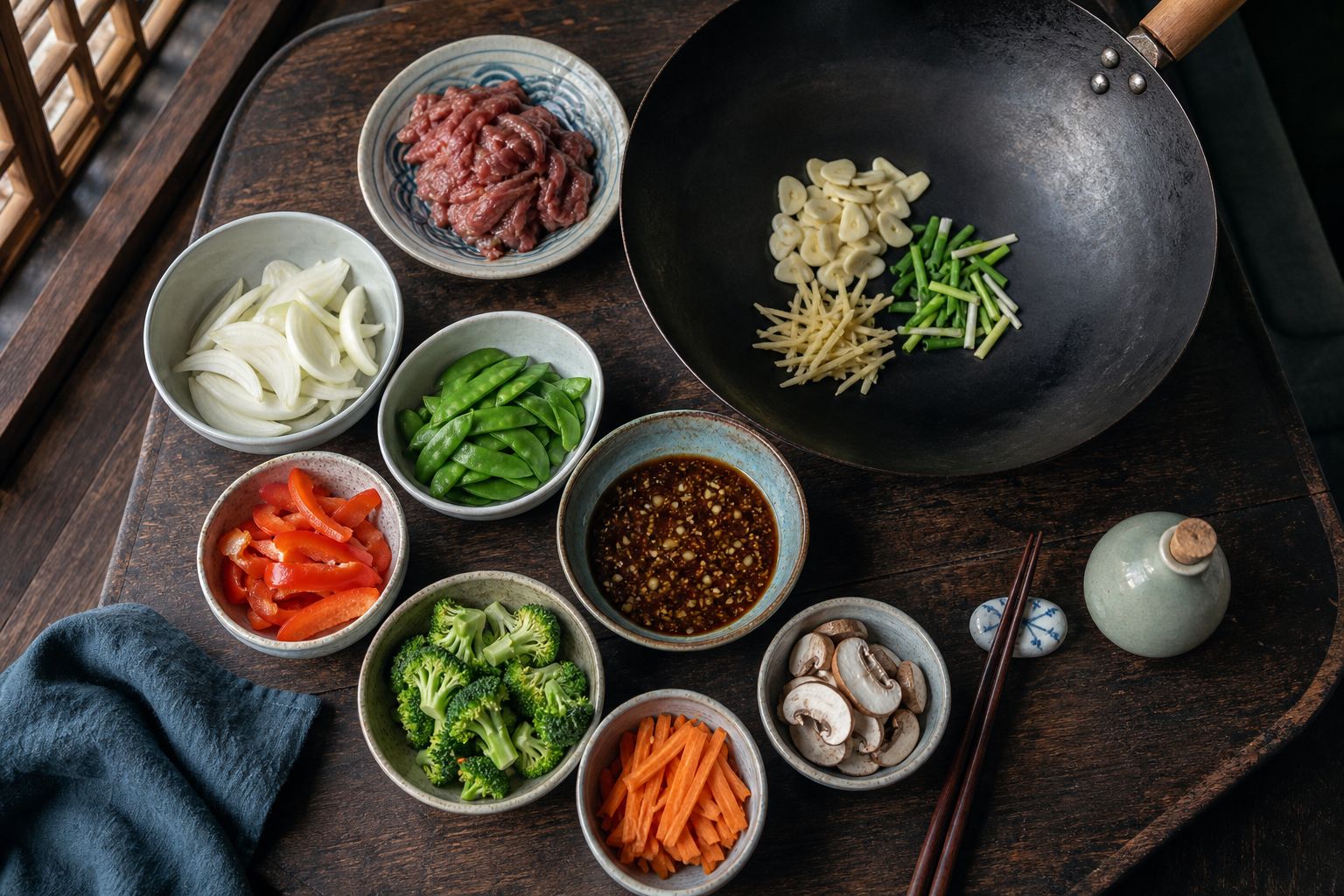 Mise en place for a stir-fry — small bowls of prepped garlic, ginger, scallion, sliced meat and sauce around a wok